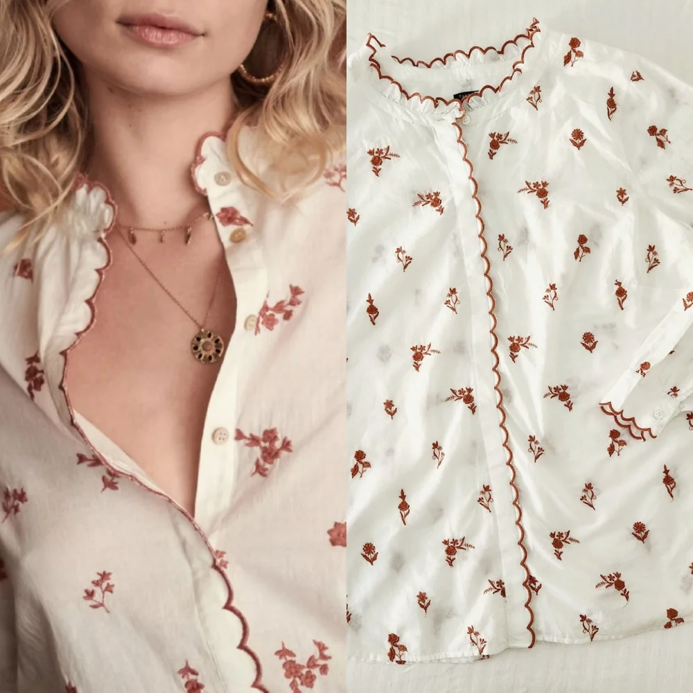 *SOLD* Talbots Floral Embroidered Scallop Button Down Shirt - Size 2X - Picture 1 of 6
